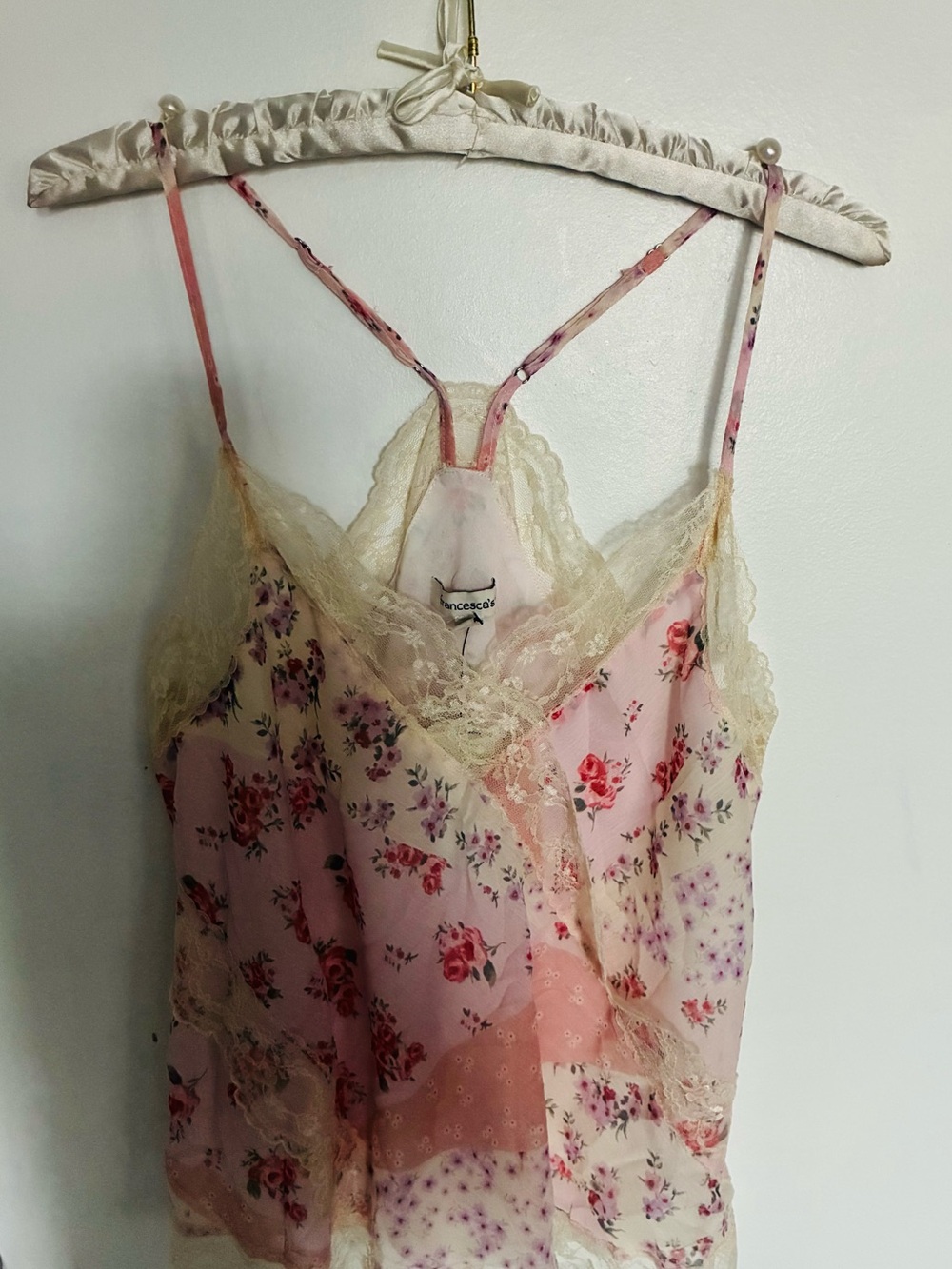 NWT Francesca's Collections tank top Pink Floral Lace  with Cream Trim (#F-29)